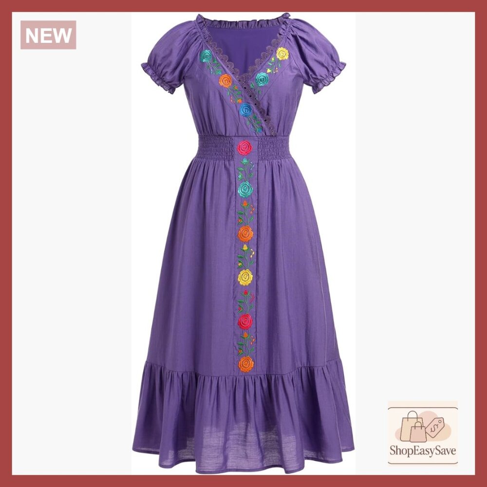 Floral Embroidered Maxi Dress V-Neck Short Sleeve A-Line Boho Fiesta